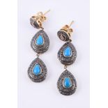 A pair of reconstituted turquoise and lasque cut diamond earrings