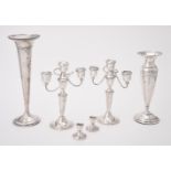 A pair of American silver coloured three light candelabra by Gorham