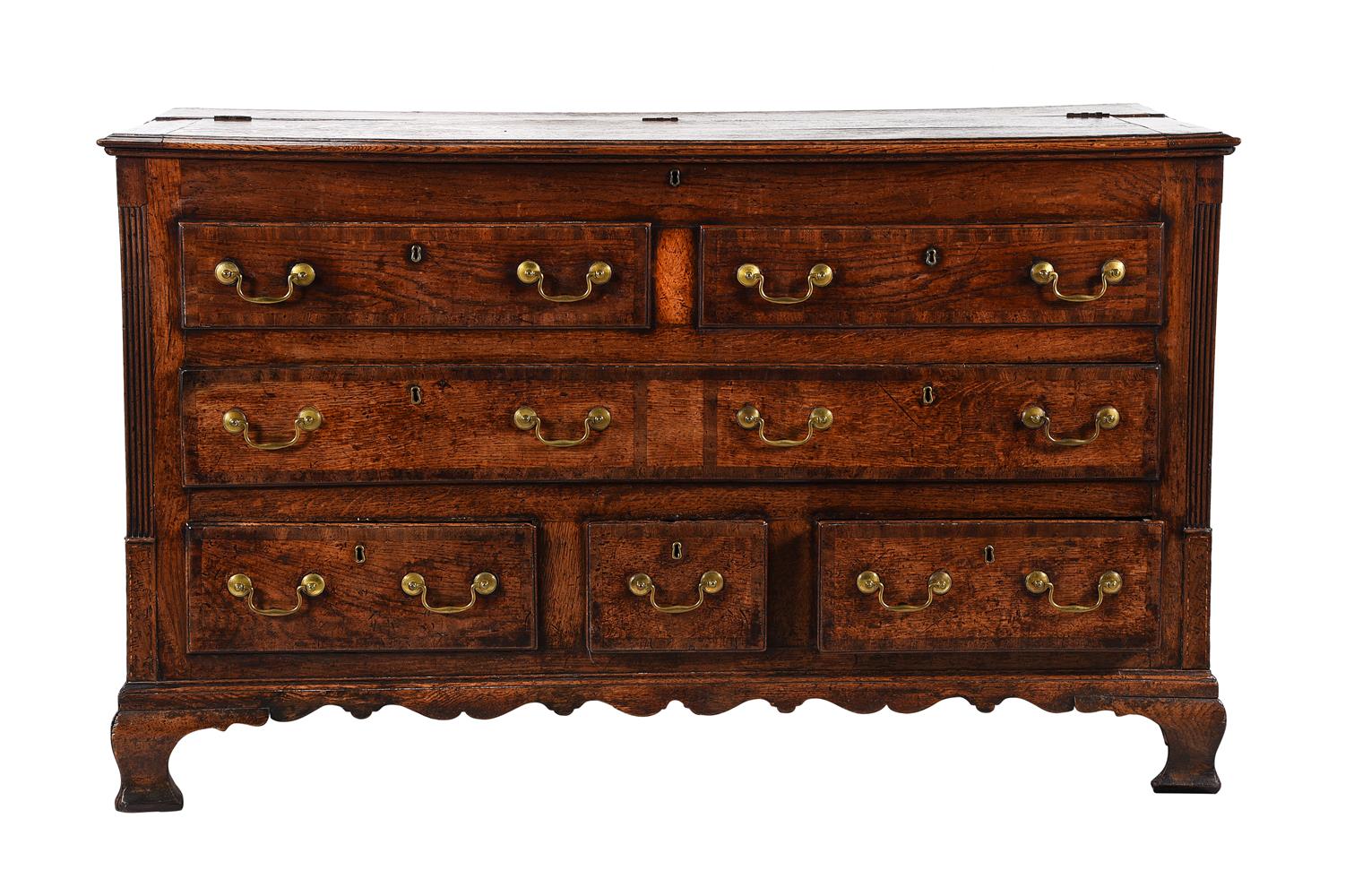 A George III oak and mahogany crossbanded mule chest