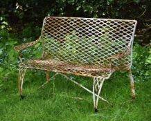 A light blue painted metal garden seat, possibly French