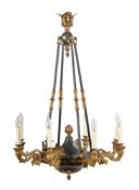 A gilt and green painted metal eight branch chandelier