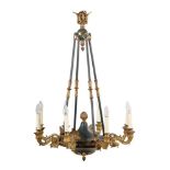 A gilt and green painted metal eight branch chandelier