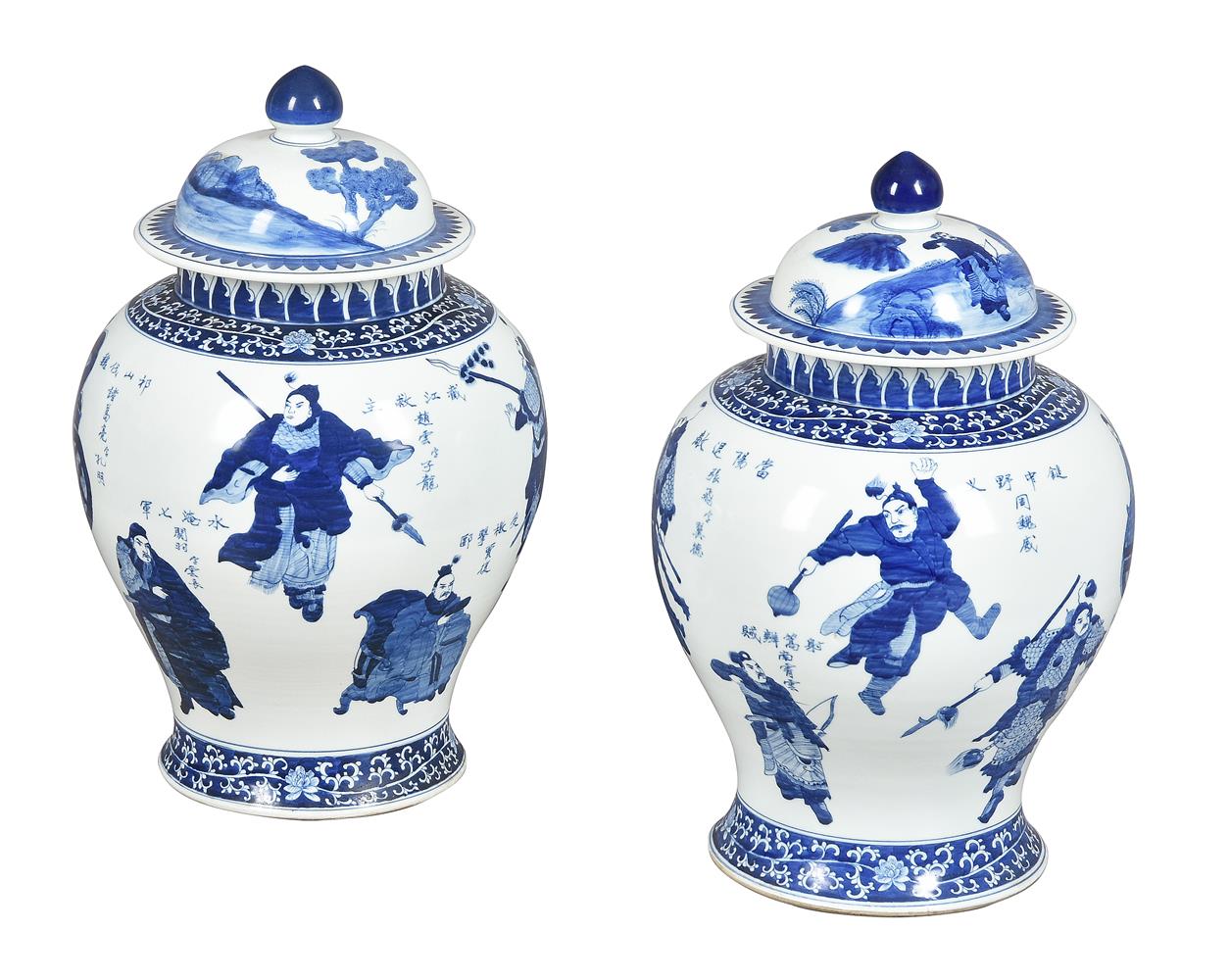 A pair of large Chinese blue and white jars and covers