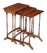 A nest of three burr walnut and chequer banded occasional tables