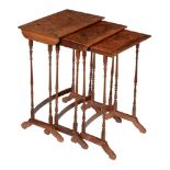 A nest of three burr walnut and chequer banded occasional tables