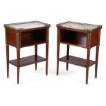 A pair of French mahogany, marble topped, and gilt metal mounted open bedside cupboards