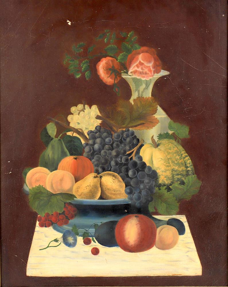 A decorative still life of fruit and flowers