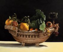 Continental School (21st century), 'Still life of lemons, cabbage, pomegranate in a basket '