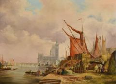 Manner of E W Cooke (20th century) 'Barges on the Thames with the Palace of Westminster beyond'