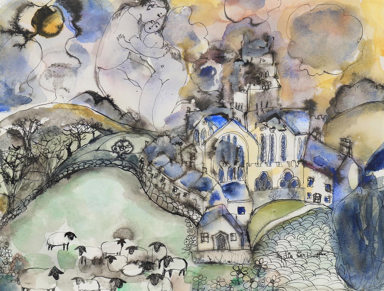 λ Lydia Corbett (French b.1934), 'Lovers in the sky, over the church and sheep'