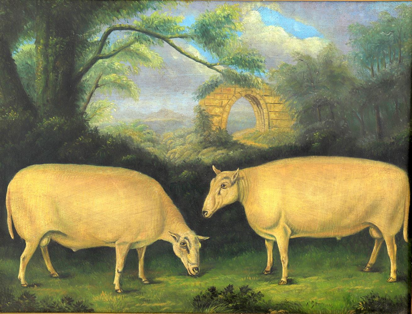 Naïve School (20th century) 'Study of two rams with ruins beyond'