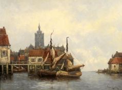 Jan van Couver (Dutch 1836-1909)' A pair of canal views with moored sailing barges'