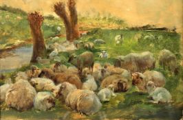 Henry William Banks Davis R.A. (British 1833-1914) 'A flock of sheep in a water meadow'