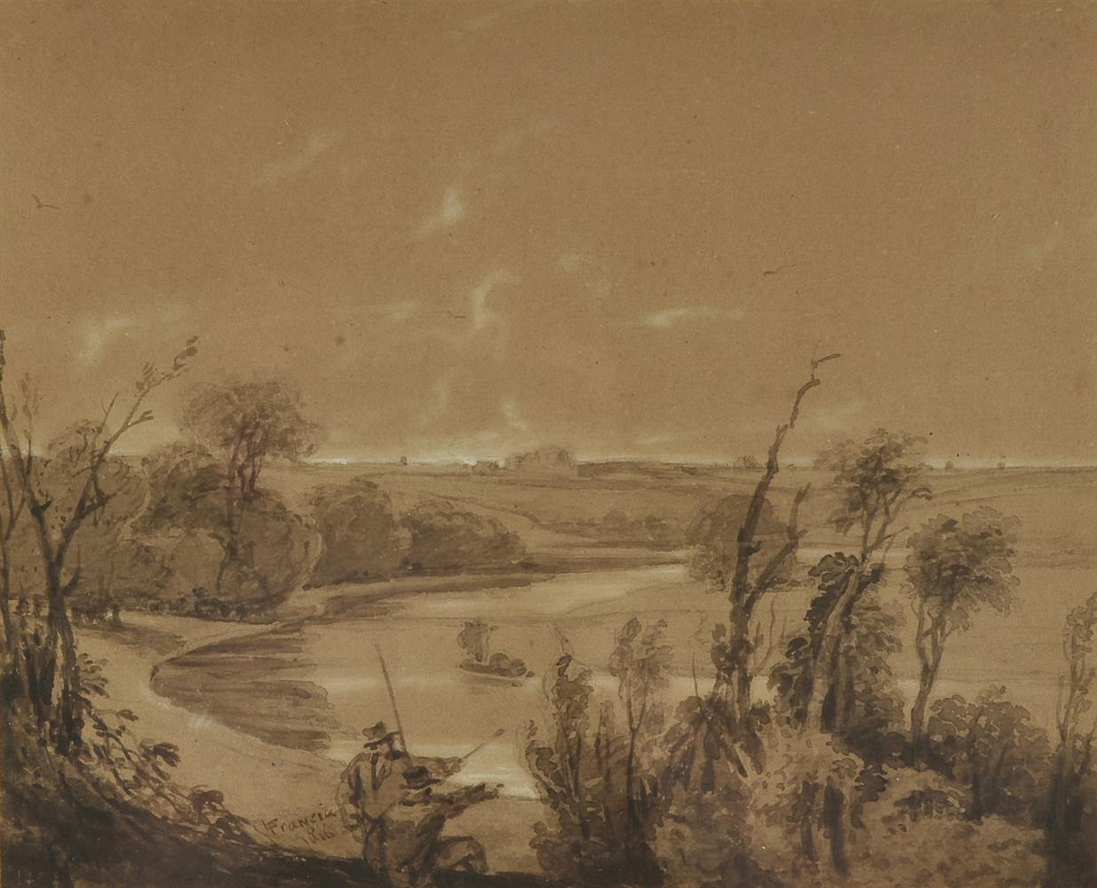 François-Thomas-Louis Francia (French 1772-1839), 'An angler in a wooded river landscape' - Image 3 of 5