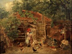 W. S. P. Henderson (1836-1874) 'The farm yard- young girl holding a rabbit'