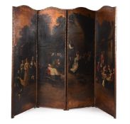 A PAINTED LEATHER FOUR-FOLD ROOM SCREEN, FLEMISH, 19TH CENTURY