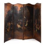 A PAINTED LEATHER FOUR-FOLD ROOM SCREEN, FLEMISH, 19TH CENTURY