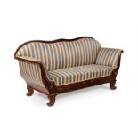 A BIEDERMEIER FIGURED WALNUT AND UPHOLSTERED SOFA, CIRCA 1830