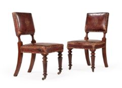 A SET OF TEN VICTORIAN MAHOGANY AND RED LEATHER UPHOLSTERED CHAIRS, CIRCA 1845