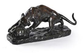 AFTER GEORGES GARDET (FRENCH, 1863-1939), A BRONZE GROUP OF 'THE TIGER AND THE TORTOISE'