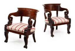 A PAIR OF MAHOGANY AND UPHOLSTERED, ARMCHAIRS IN EMPIRE STYLE, LATE 19TH/EARLY 20TH CENTURY