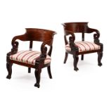 A PAIR OF MAHOGANY AND UPHOLSTERED, ARMCHAIRS IN EMPIRE STYLE, LATE 19TH/EARLY 20TH CENTURY