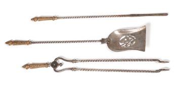 A SET OF THREE STEEL AND BRASS FIRE TOOLS, CIRCA 1850