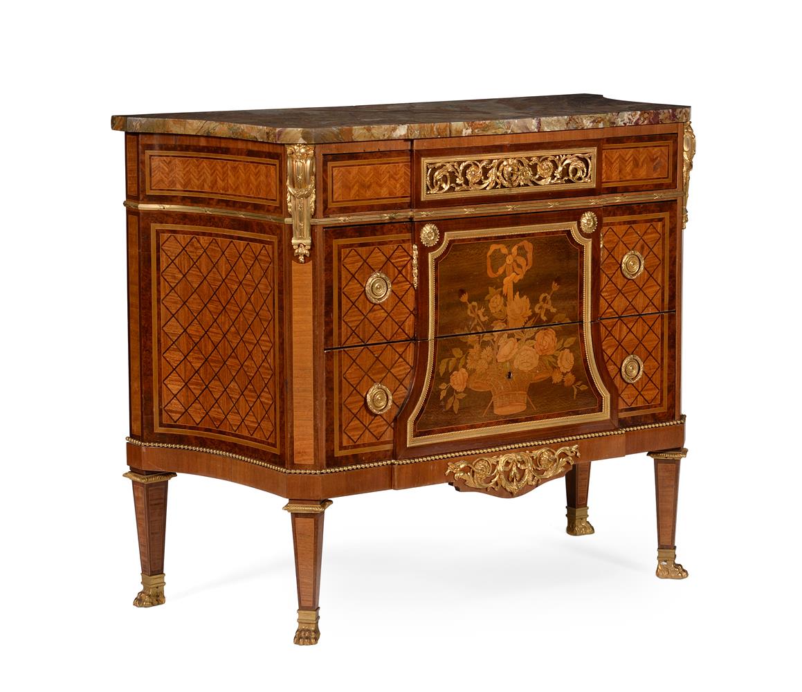 Y A FRENCH MARQUETRY, PARQUETRY AND ORMOLU MOUNTED COMMODE, IN LOUIS XVI STYLE