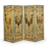 A FRENCH PAINTED AND PARCEL GILT FOUR-FOLD ROOM SCREEN, IN THE MANNER OF JEAN-ANTOINE WATTEAU