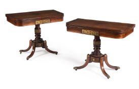 Y A PAIR OF REGENCY ROSEWOOD AND BRASS INLAID FOLDING CARD TABLES, CIRCA 1815