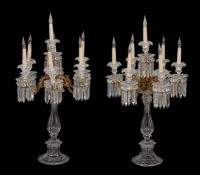 A LARGE PAIR OF GLASS AND GILT METAL SEVEN-LIGHT TABLE CANDELABRA, 20TH CENTURY