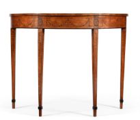 Y A GEORGE III SATINWOOD, MAHOGANY AND MARQUETRY DEMI-LUNE CONSOLE OR SIDE TABLE