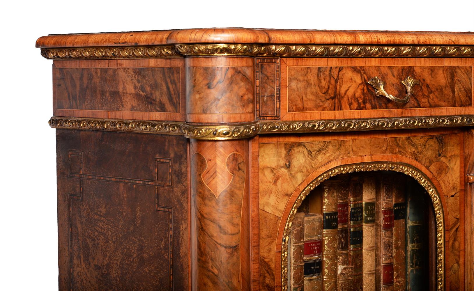 A PAIR OF VICTORIAN FIGURED WALNUT, WALNUT CROSSBANDED AND GILT METAL MOUNTED BOOKCASES - Image 3 of 7