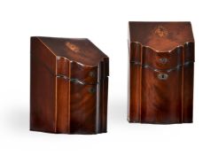 A PAIR OF GEORGE III MAHOGANY SERPENTINE FRONTED KNIFE BOXES CIRCA 1800