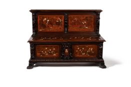 Y AN ITALIAN WALNUT, SPECIMEN WOOD AND IVORY MARQUETRY DECORATED BOX SEAT SETTLE