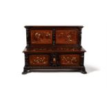 Y AN ITALIAN WALNUT, SPECIMEN WOOD AND IVORY MARQUETRY DECORATED BOX SEAT SETTLE