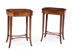 Y A HARLEQUIN PAIR OF GEORGE III ROSEWOOD AND SPECIMEN WORK TABLES OR OCCASIONAL TABLES, CIRCA 1800