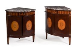 A PAIR OF MAHOGANY AND SATINWOOD INLAID BOWFRONT CORNER CABINETS, IN GEORGE III STYLE