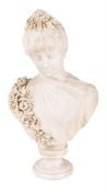 AN ITALIAN CARVED WHITE MARBLE BUST OF A VEILED BRIDE, 19TH CENTURY
