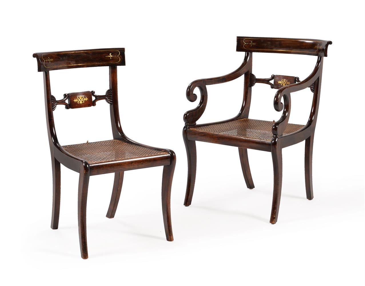 A SET OF FOURTEEN REGENCY SIMULATED ROSEWOOD AND BRASS INLAID DINING CHAIRS, CIRCA 1815 - Image 4 of 5