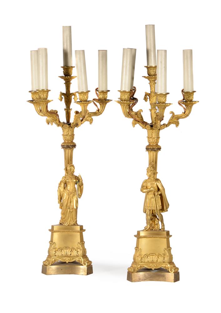 A PAIR OF GILT METAL FIVE-LIGHT CANDELABRA, SECOND HALF 19TH CENTURY