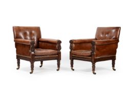 A PAIR OF WILLIAM IV SIMULATED ROSEWOOD AND LEATHER UPHOLSTERED LIBRARY ARMCHAIRS, CIRCA 1835