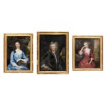 A SET OF THREE ANGLO-IRISH PORTRAITS OF THE FALKINER FAMILY REVERSE PAINTED ON GLASS