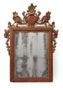 AN ITALIAN GILTWOOD AND RED LACQUER WALL MIRROR, PROBABLY VENETIAN
