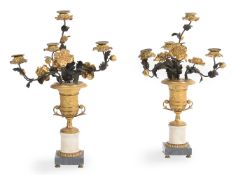 A PAIR OF FRENCH GILT AND PATINATED FOUR-LIGHT CANDELABRA, SECOND HALF 19TH CENTURY