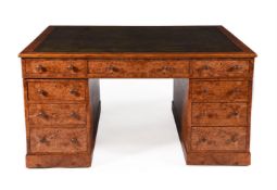 A BURR ELM PARTNER'S PEDESTAL DESK, SECOND HALF 19TH CENTURY AND LATER VENEERED