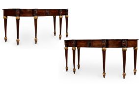 A PAIR OF REGENCY MAHOGANY AND PARCEL GILT SERVING TABLES, CIRCA 1820