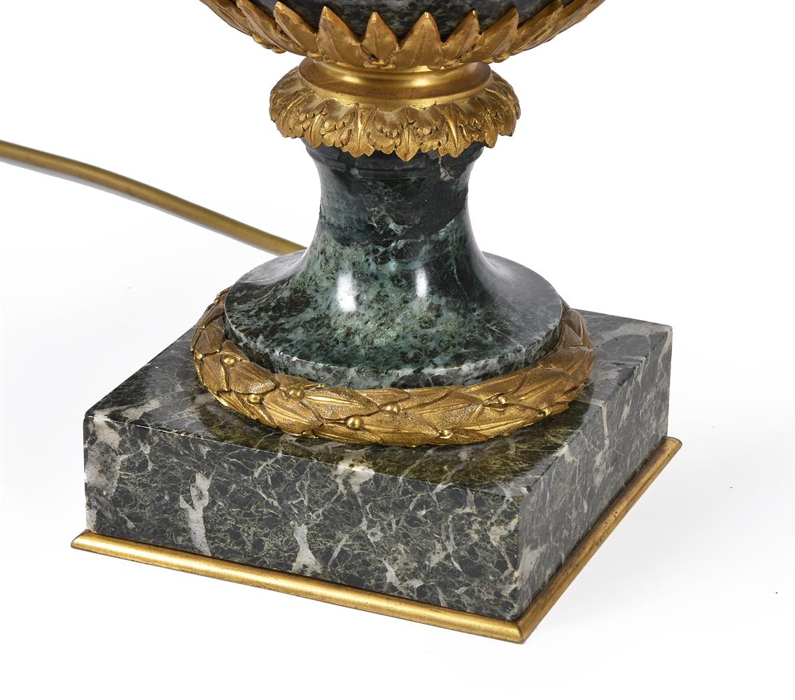 A PAIR OF FRENCH ORMOLU MOUNTED VERDE ANTICO MARBLE PEDESTAL VASES, LATE 19TH/EARLY 20TH CENTURY - Image 3 of 4