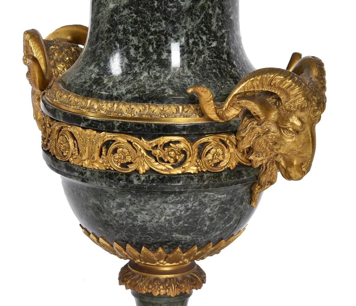 A PAIR OF FRENCH ORMOLU MOUNTED VERDE ANTICO MARBLE PEDESTAL VASES, LATE 19TH/EARLY 20TH CENTURY - Image 2 of 4