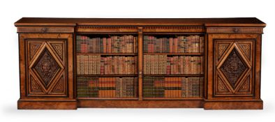 Y A VICTORIAN WALNUT, BURR WALNUT AND EBONISED OPEN BOOKCASE, CIRCA 1870